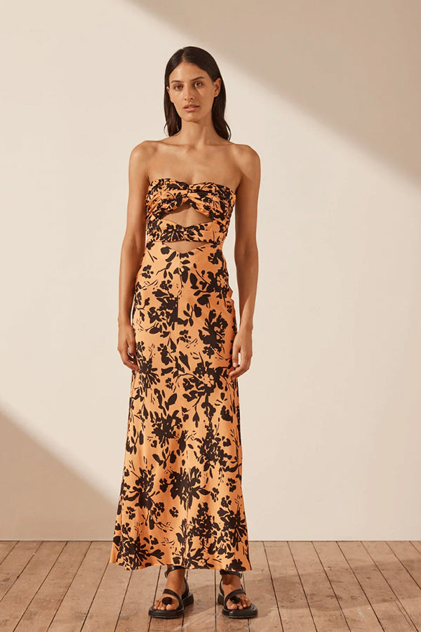 Solare Strapless Cut Out Ruched Midi Dress