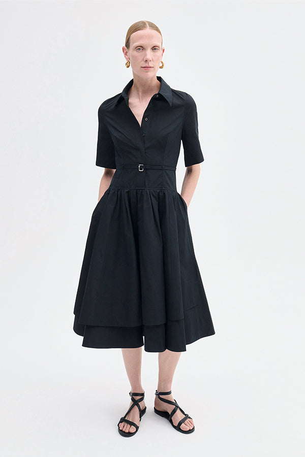 Short Sleeve Belted Dress in Cotton Poplin