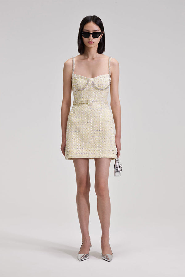 Yellow Boucle Diamante Trim Mini Dress