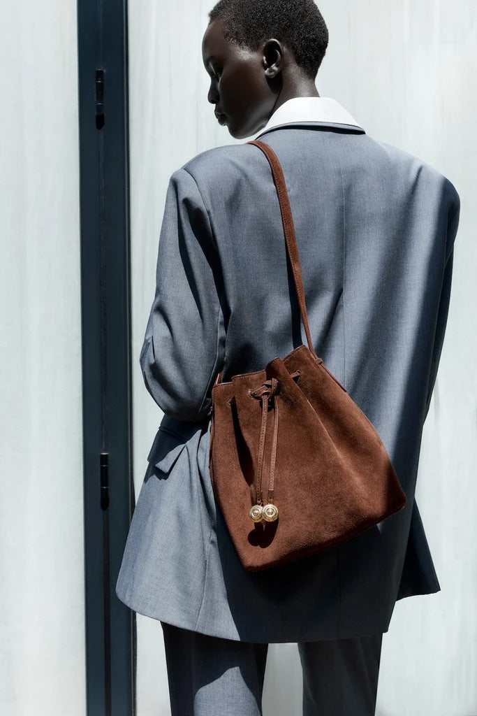 Charm Bucket Bag, Dark Brown Suede