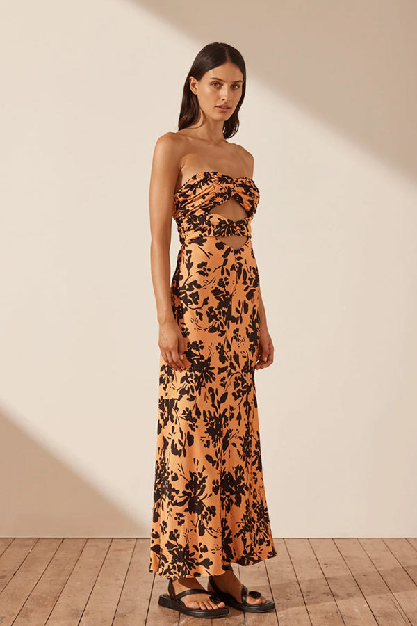 Solare Strapless Cut Out Ruched Midi Dress