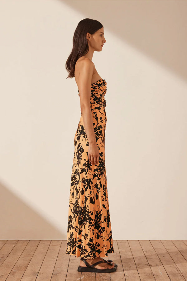 Solare Strapless Cut Out Ruched Midi Dress