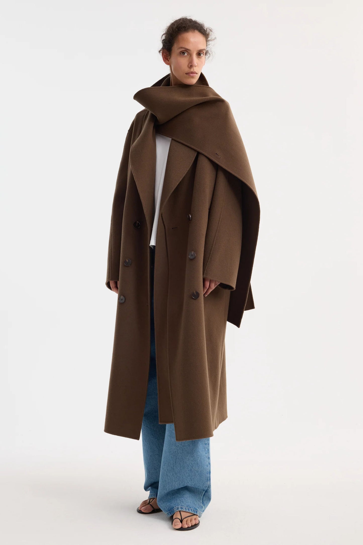 Signature Double-Faced Scarf Coat, Taupe