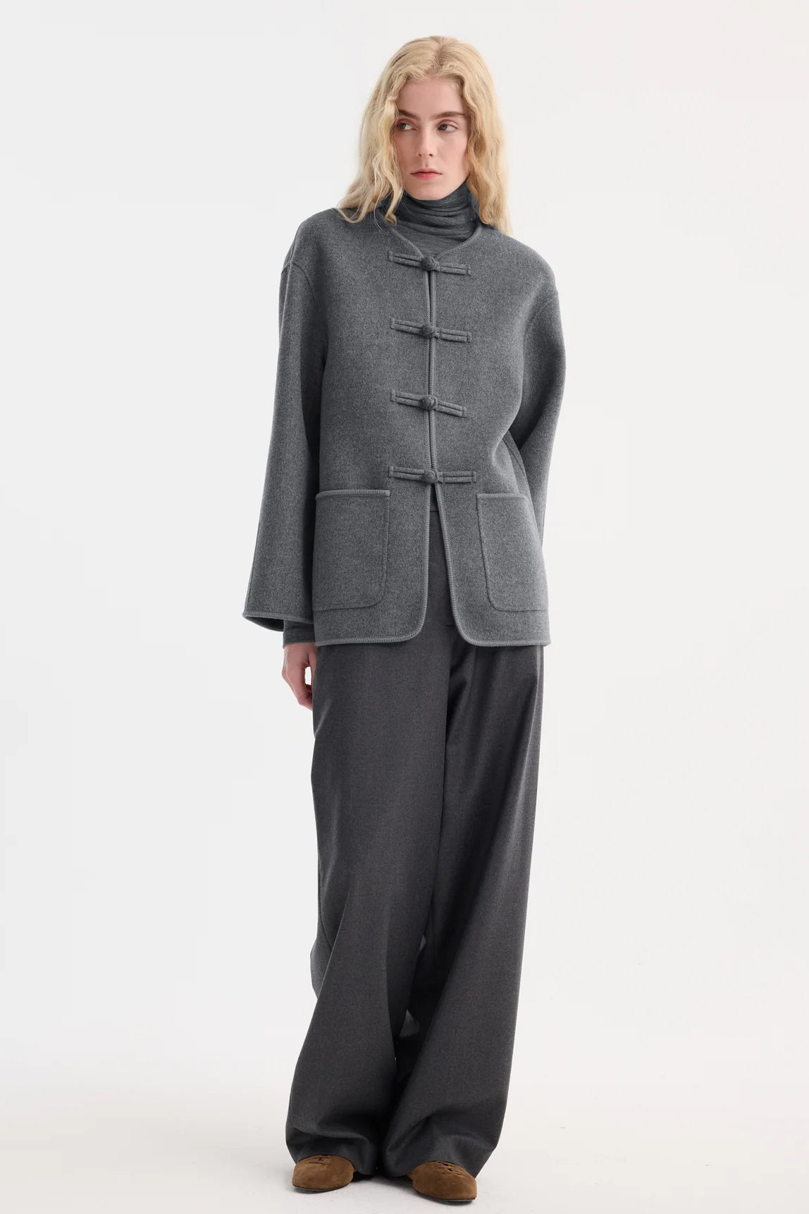 Mandarin Double-Faced Wool Jacket, Mid Grey Melange