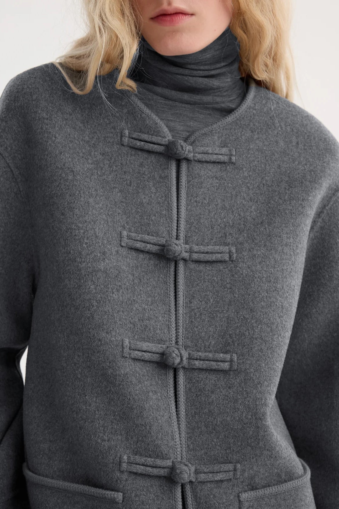 Mandarin Double-Faced Wool Jacket, Mid Grey Melange