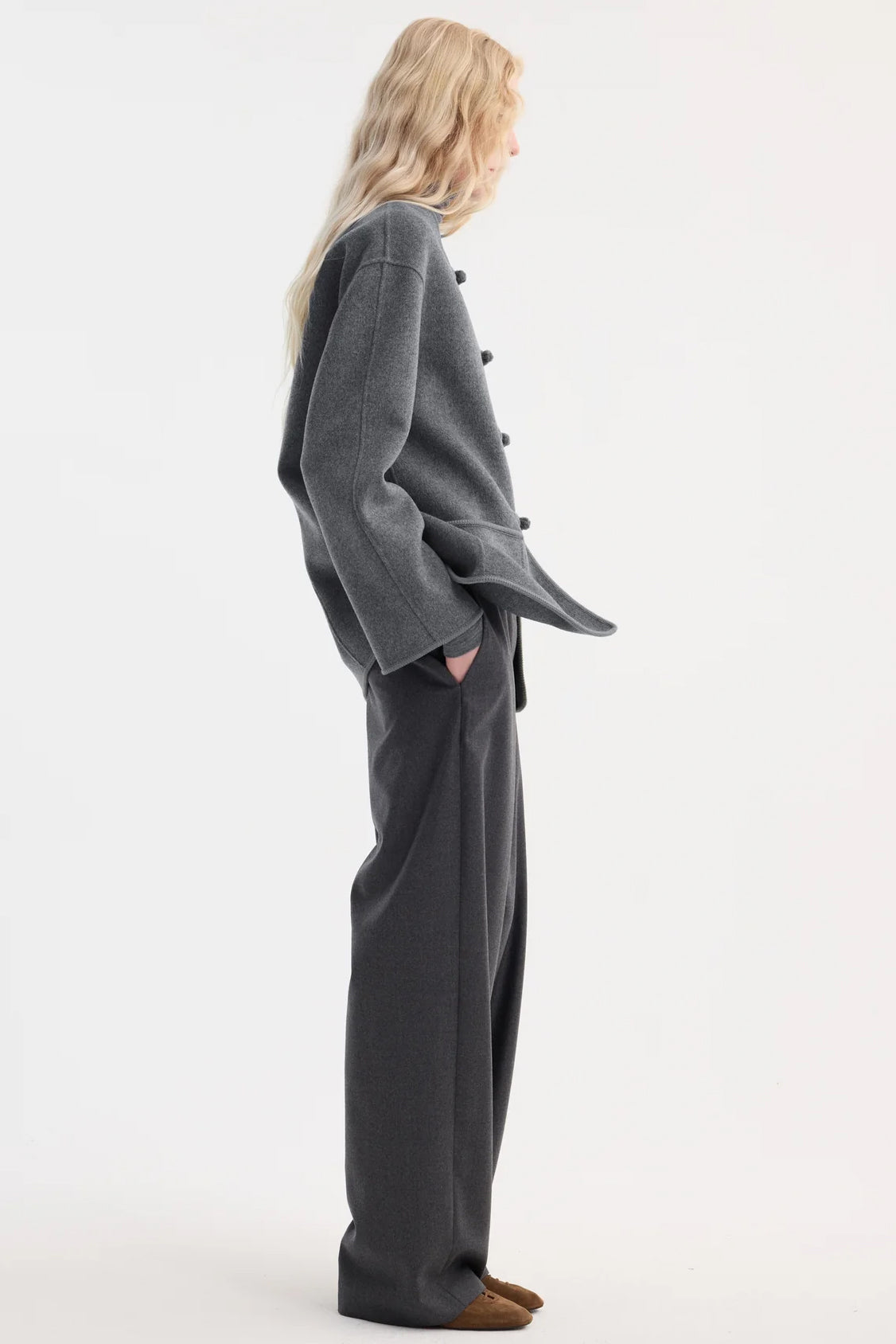 Mandarin Double-Faced Wool Jacket, Mid Grey Melange