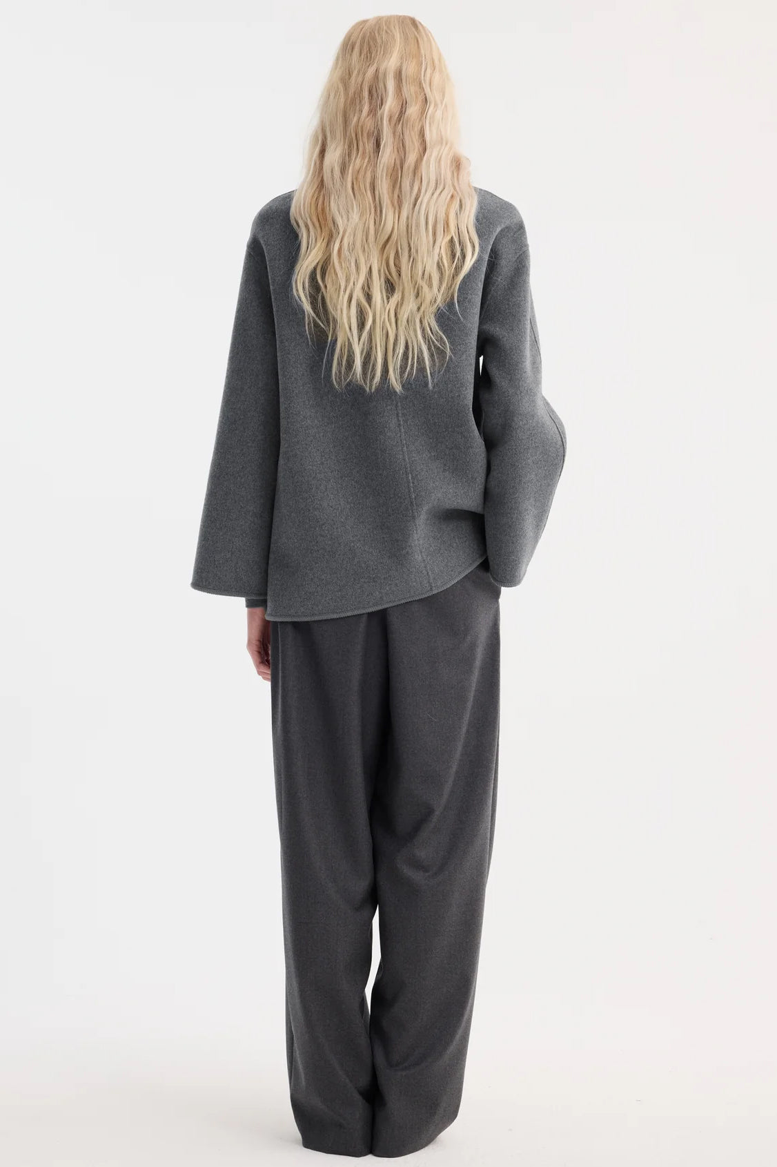 Mandarin Double-Faced Wool Jacket, Mid Grey Melange
