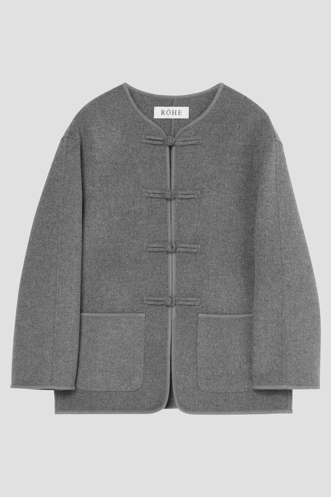 Mandarin Double-Faced Wool Jacket, Mid Grey Melange