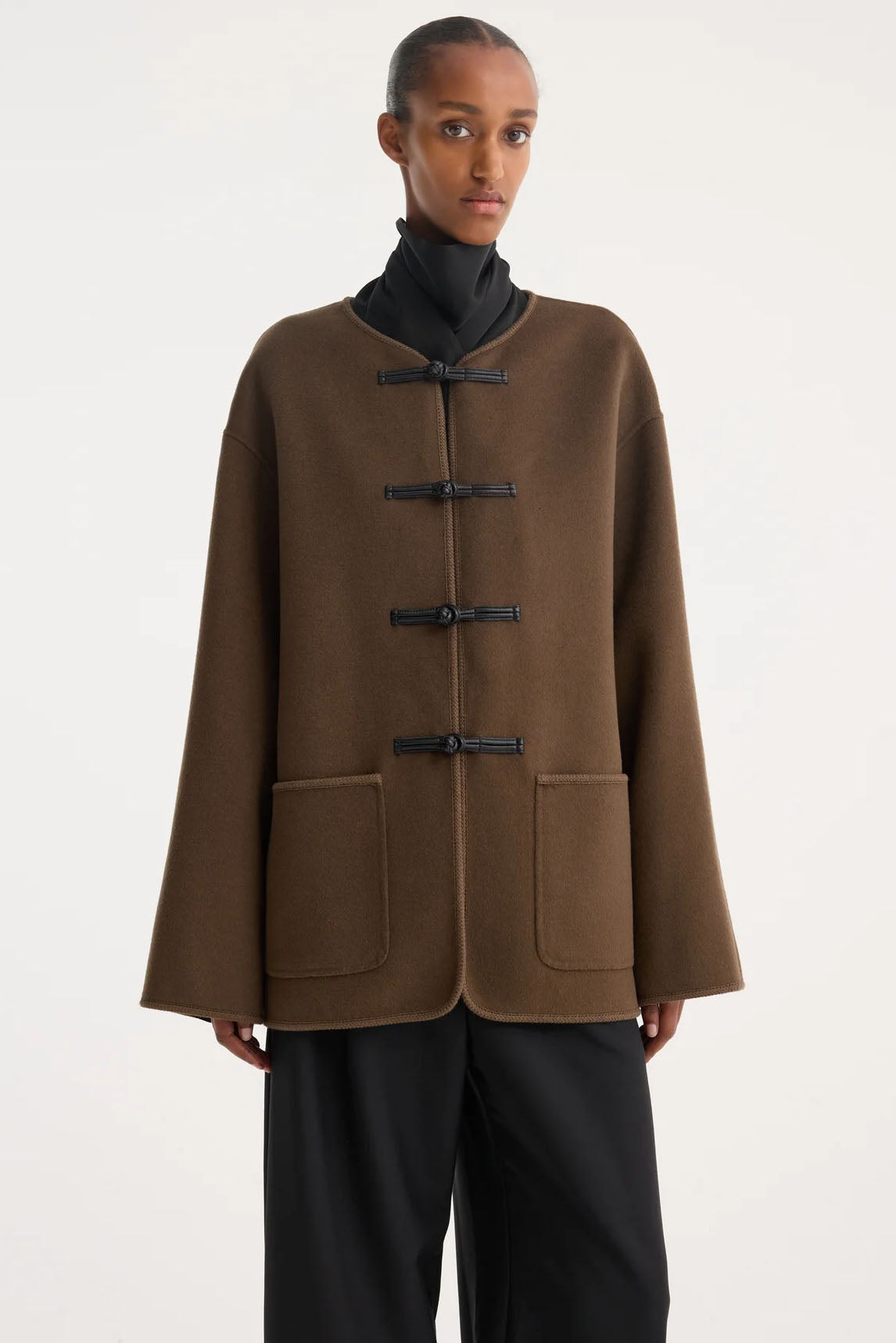 Mandarin Double-Faced Wool Jacket, Taupe