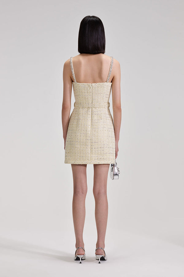 Yellow Boucle Diamante Trim Mini Dress