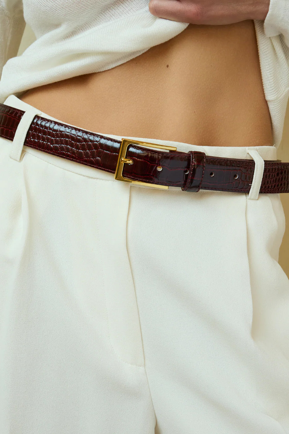 No. 5 belt, Bordeaux Croc/Gold