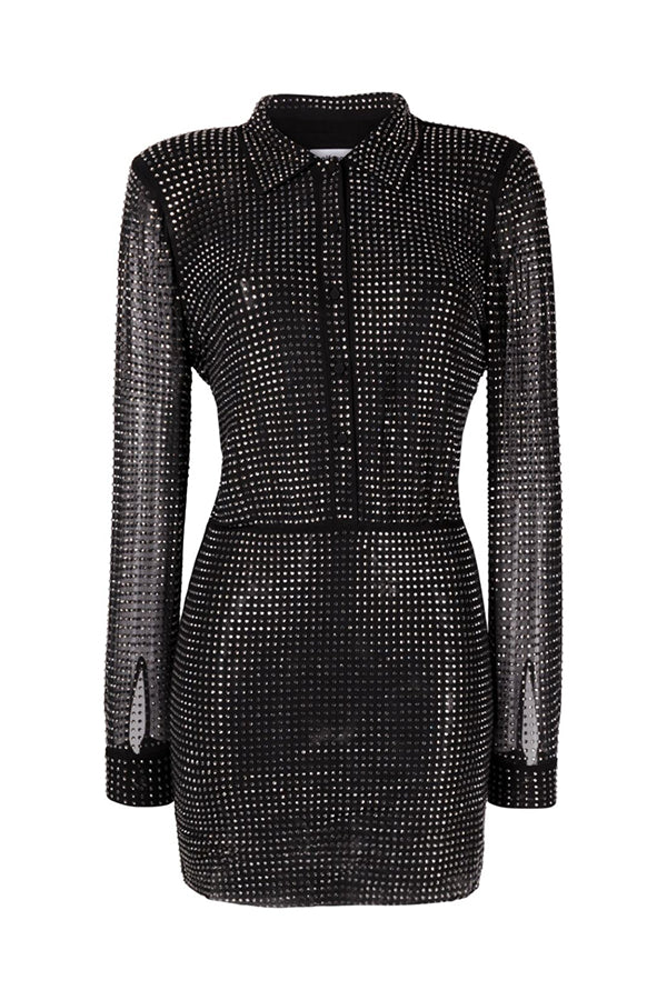 Black Rhinestone Mini Shirt Dress