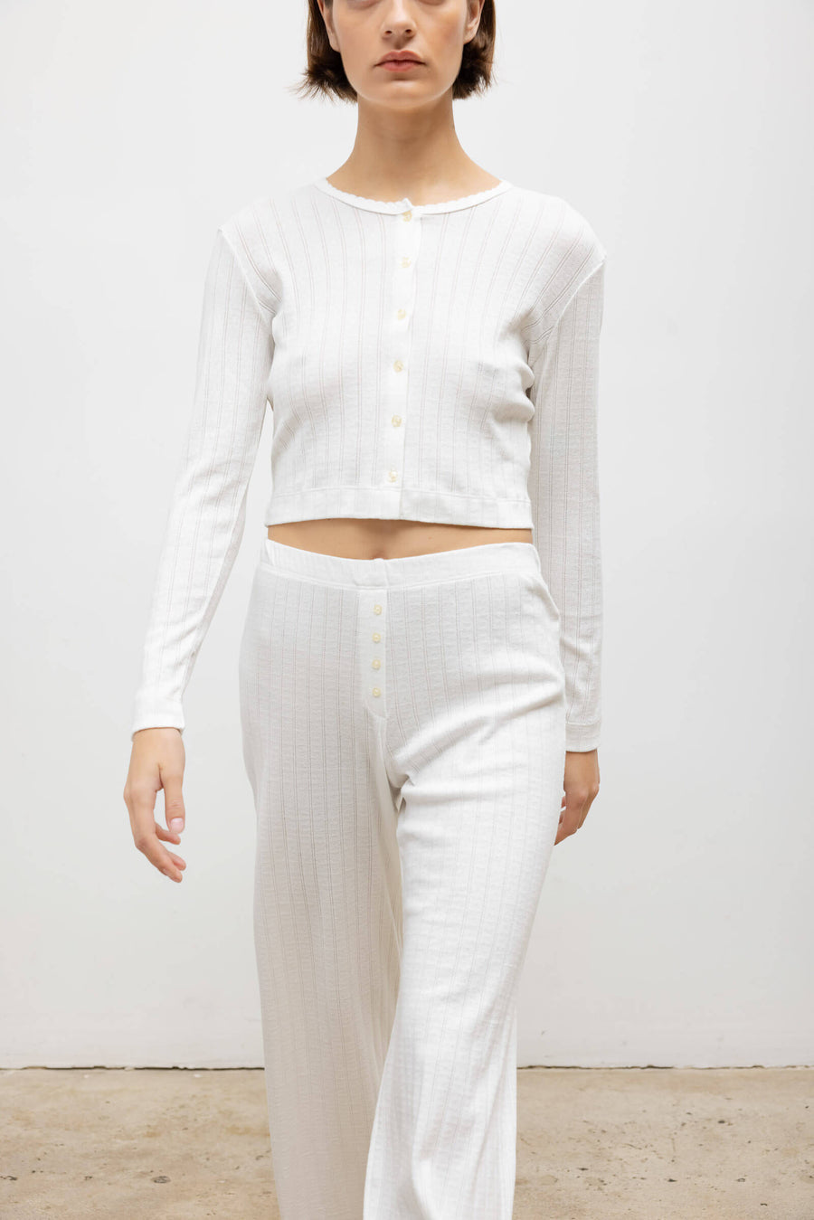Pointelle Crop Cardigan, White