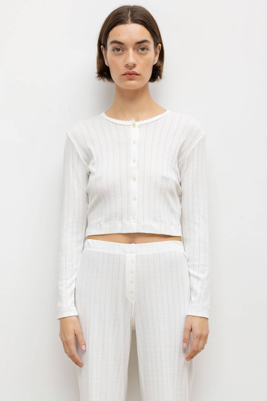 Pointelle Crop Cardigan, White