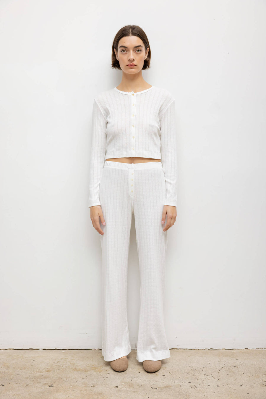 Pointelle Crop Cardigan, White