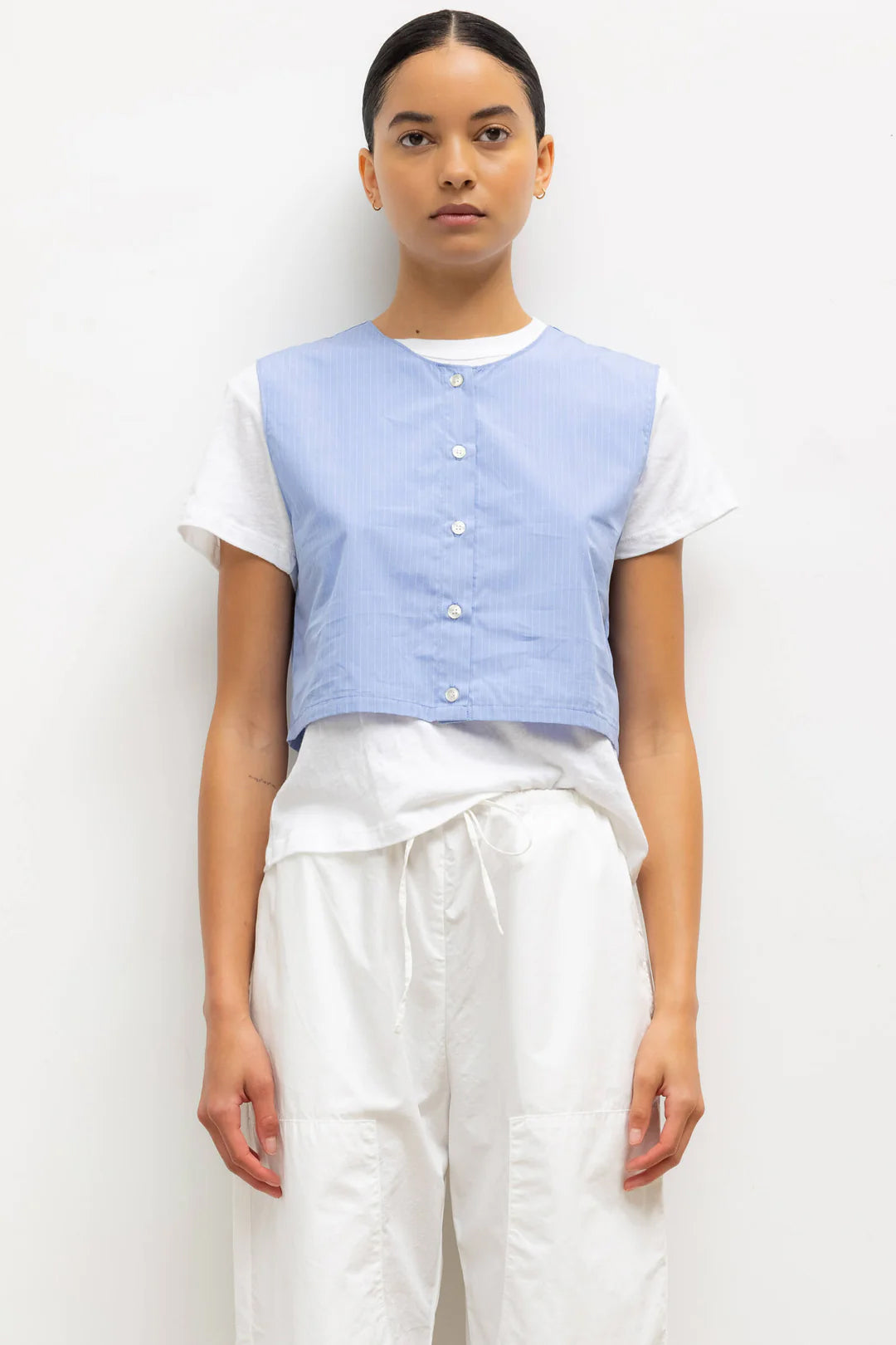 Yoshi Crewneck Vest, Ocean/Parchment Stripe