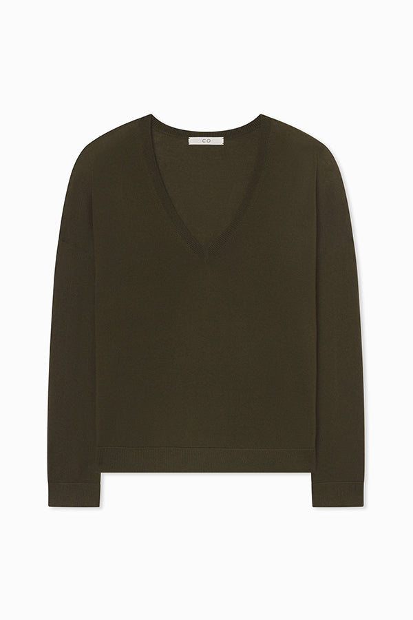 V-Neck Sweater in Fine Cashmere, Olive