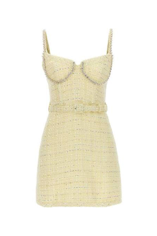 Yellow Boucle Diamante Trim Mini Dress