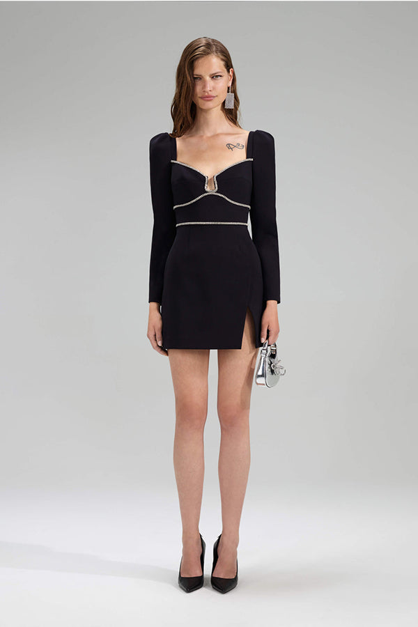 Black Crepe Diamante Mini Dress
