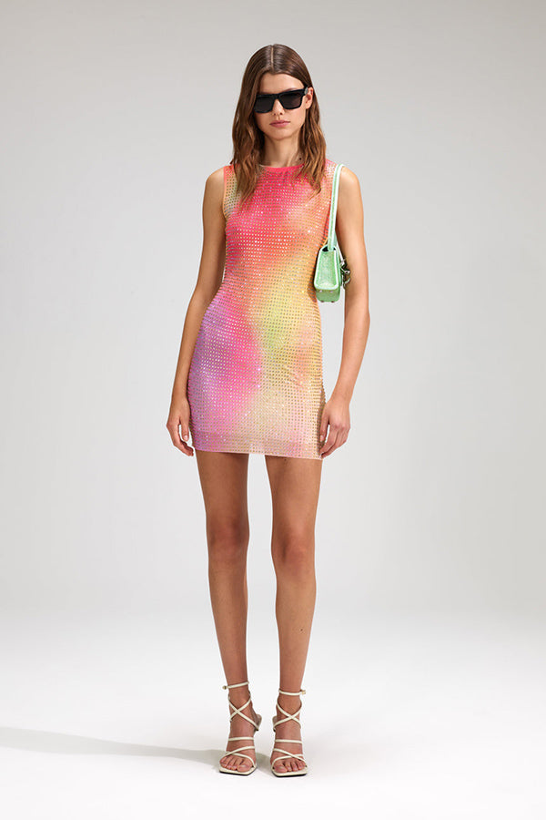 Printed Mesh Rhinestone Mini Dress