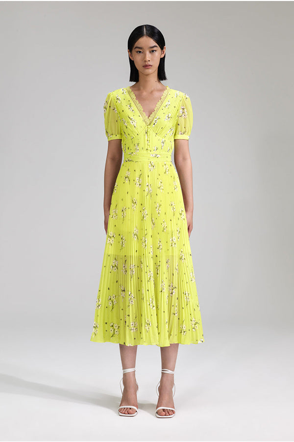 Lime Floral Chiffon Midi Dress