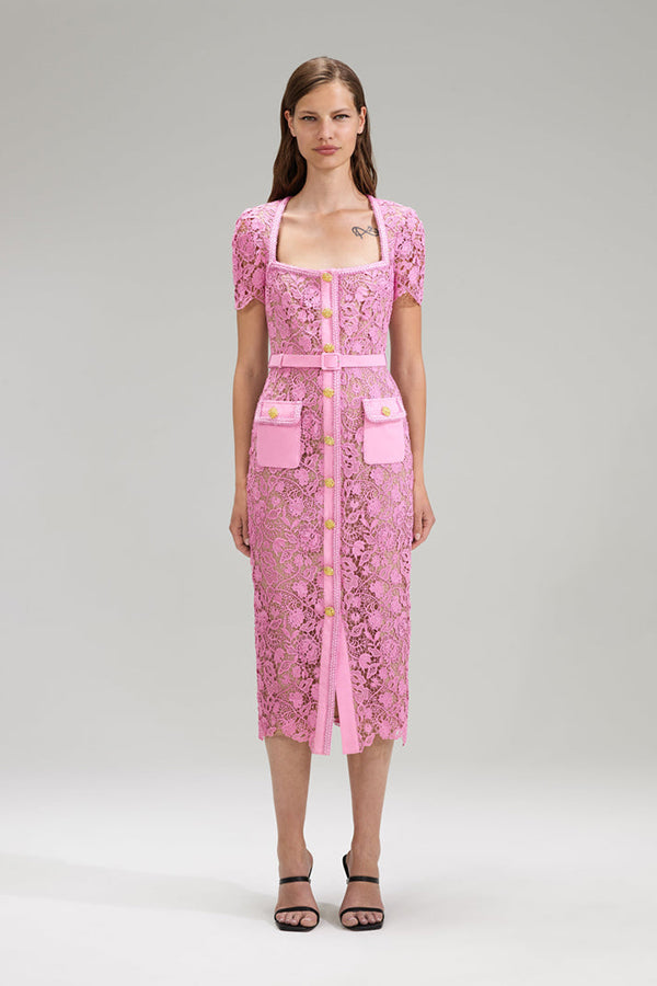 Pink Guipure Lace Midi Dress