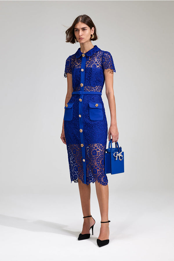Cobalt Rose Lace Button Midi Dress
