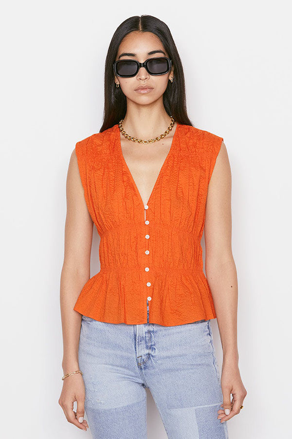 Ruched V-Neck Sleeveless Blouse, Orange Crush