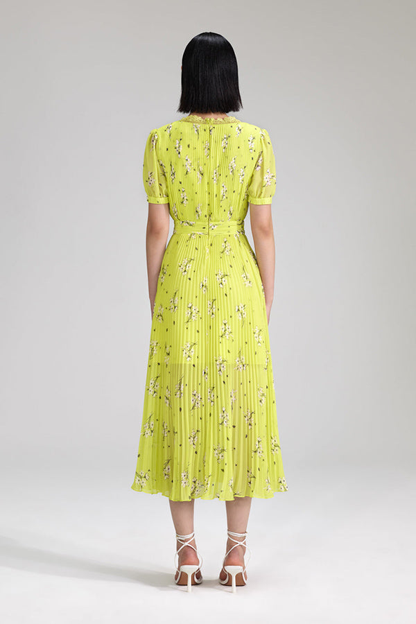 Lime Floral Chiffon Midi Dress