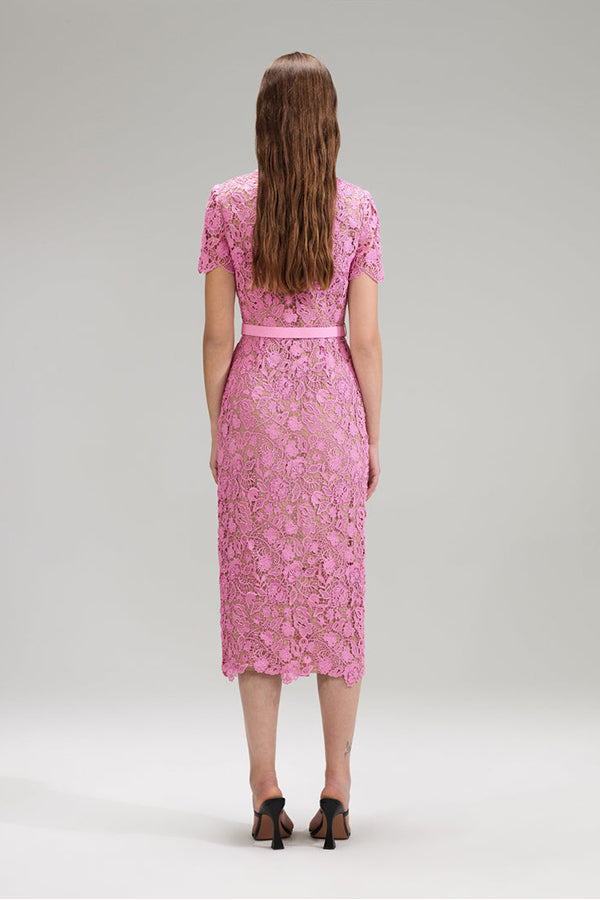 Pink Guipure Lace Midi Dress