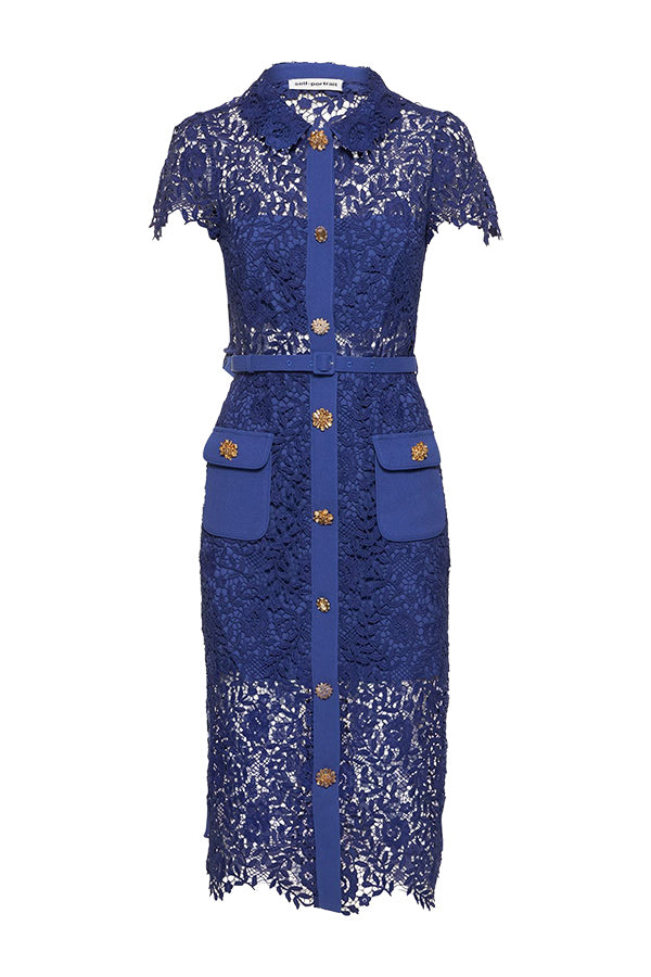 Cobalt Rose Lace Button Midi Dress