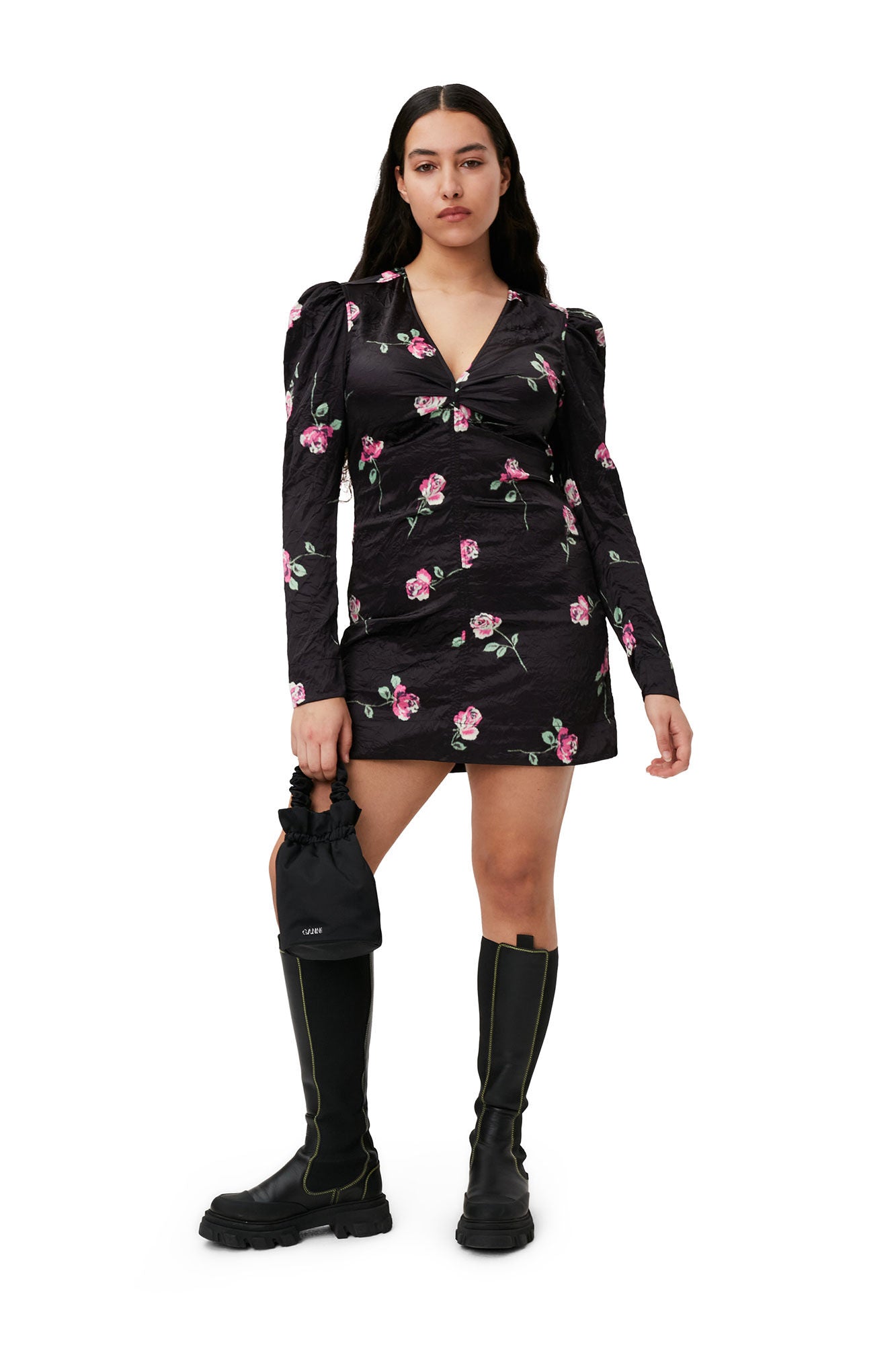 Crinkled Satin V-neck Mini Dress