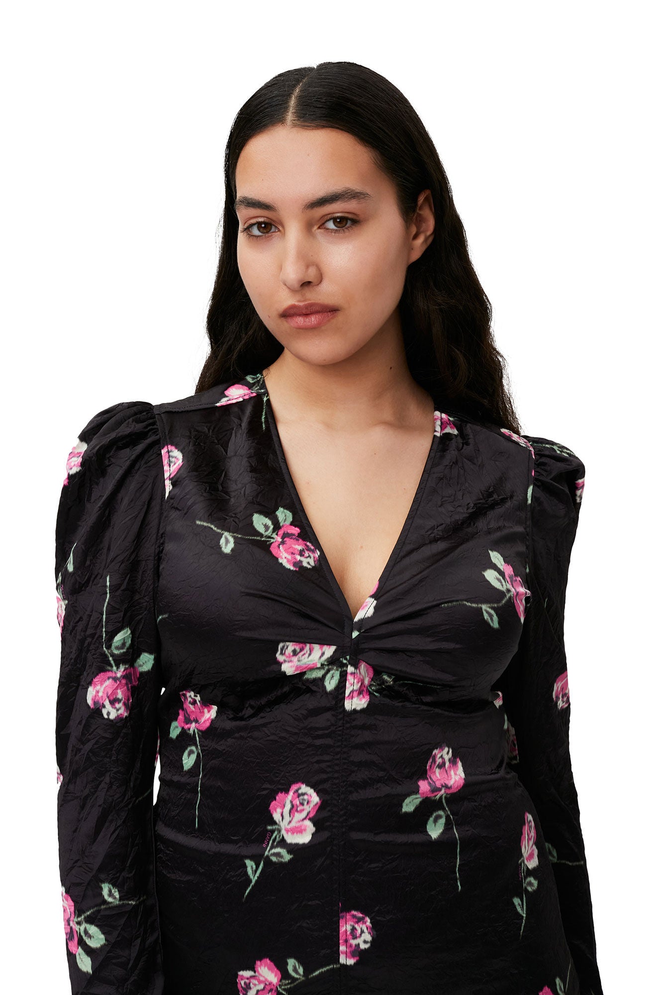 Crinkled Satin V-neck Mini Dress