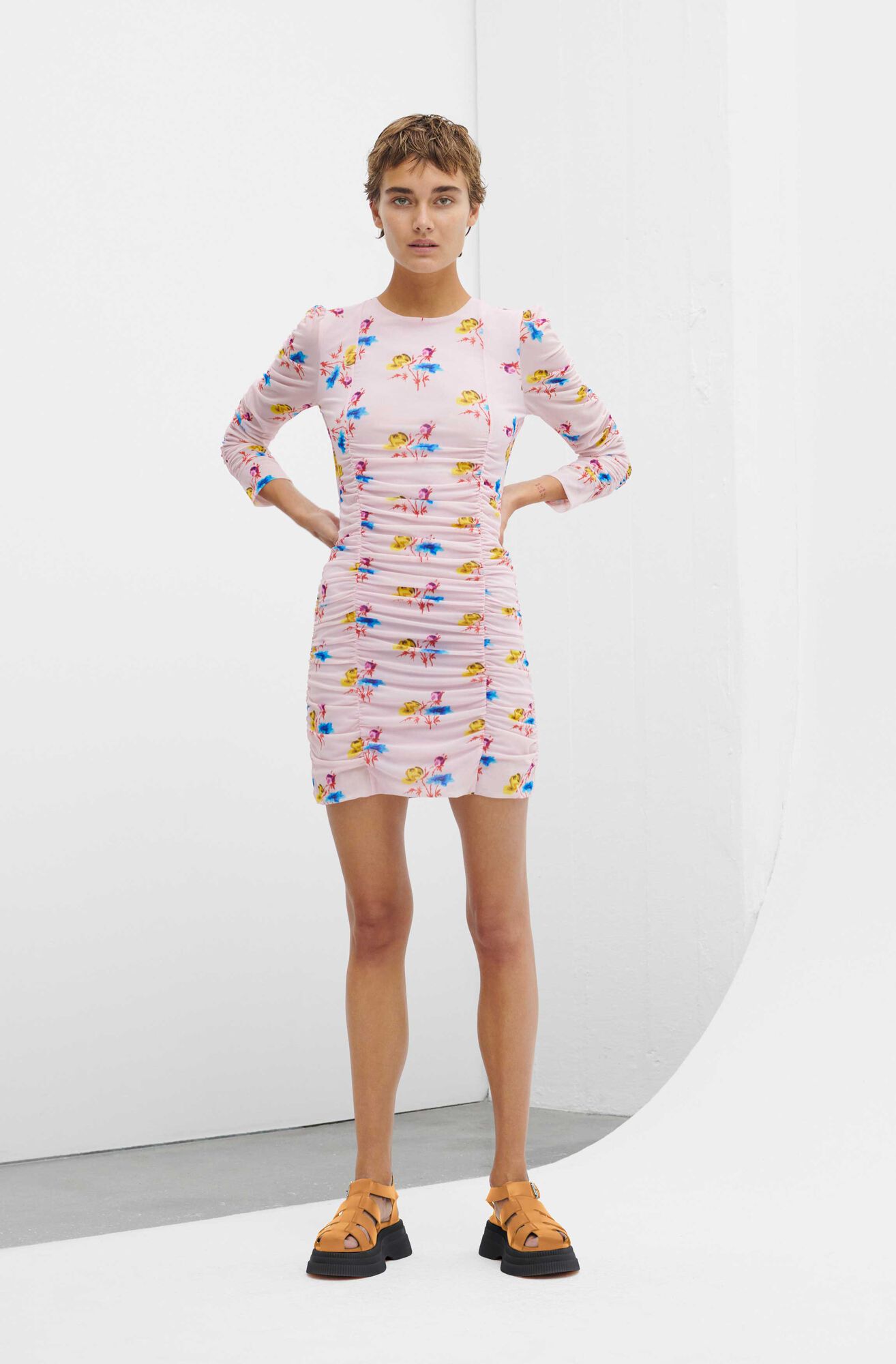 Ruched Mesh Mini Dress
