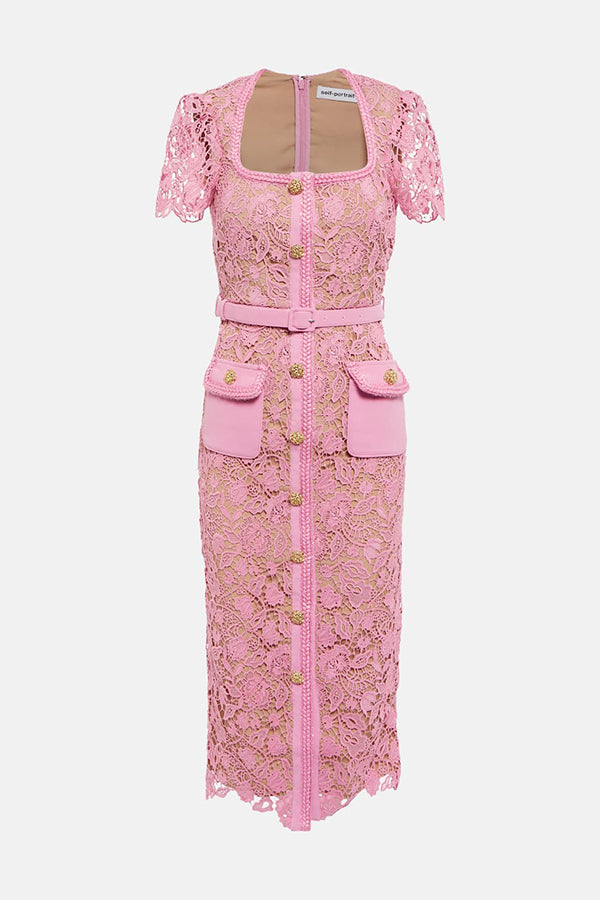 Pink Guipure Lace Midi Dress