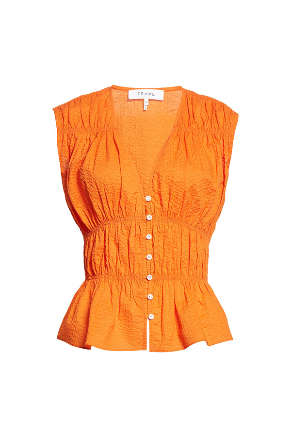 Ruched V-Neck Sleeveless Blouse, Orange Crush