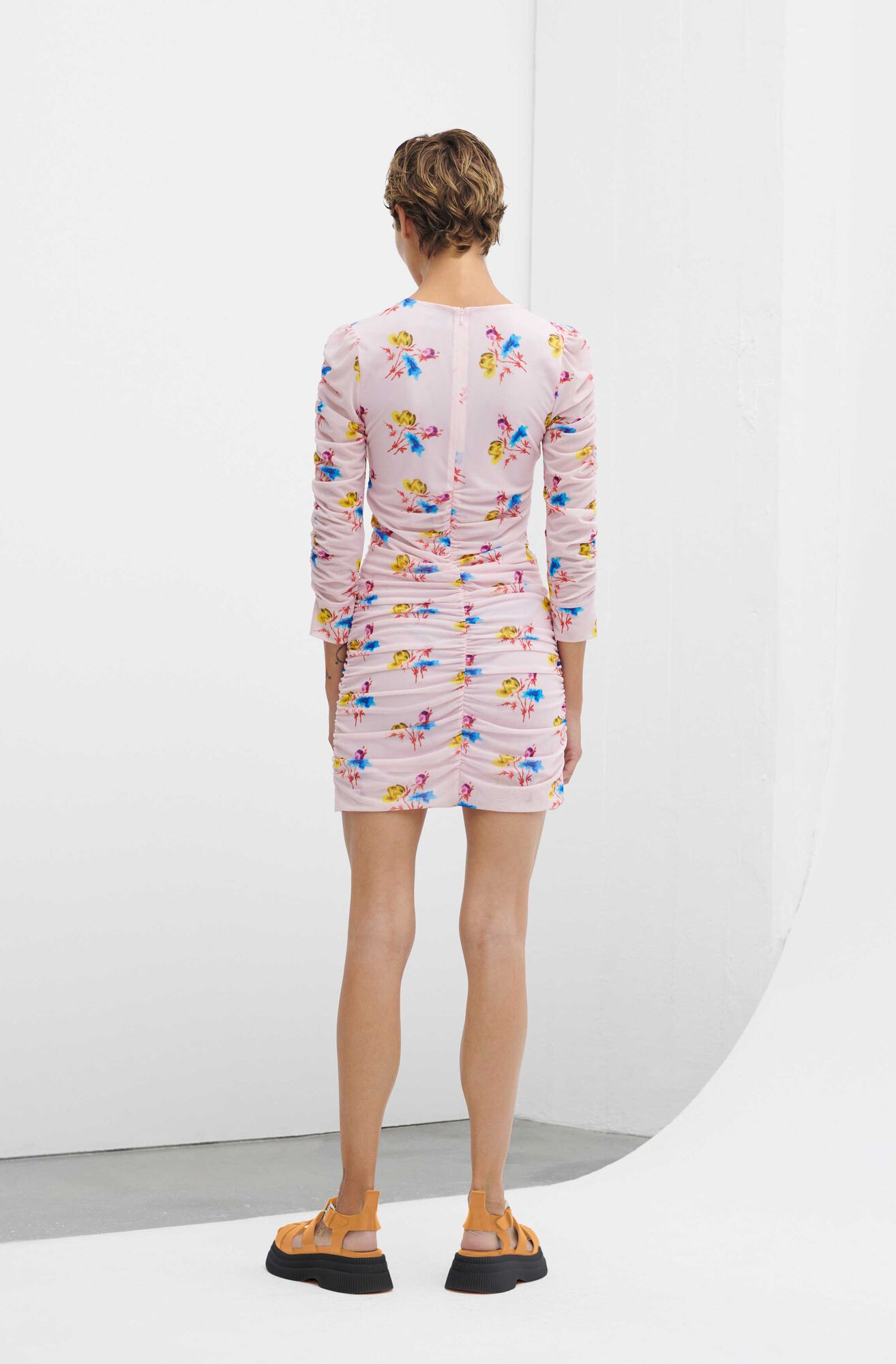 Ruched Mesh Mini Dress