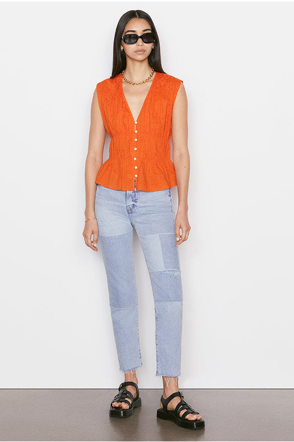 Ruched V-Neck Sleeveless Blouse, Orange Crush