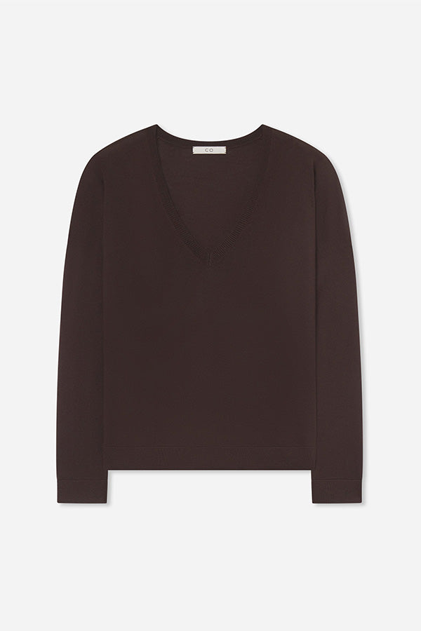 V-Neck Sweater in Fine Cashmere, Choclate