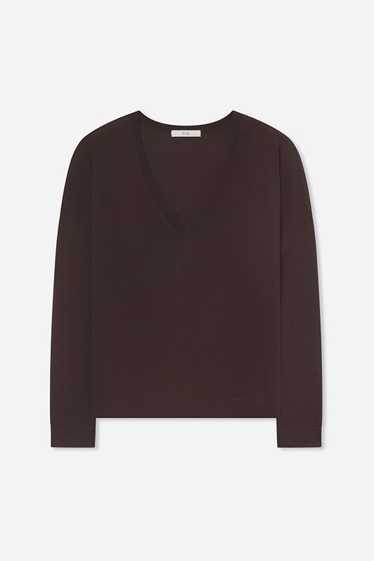 V-Neck Sweater in Fine Cashmere, Choclate