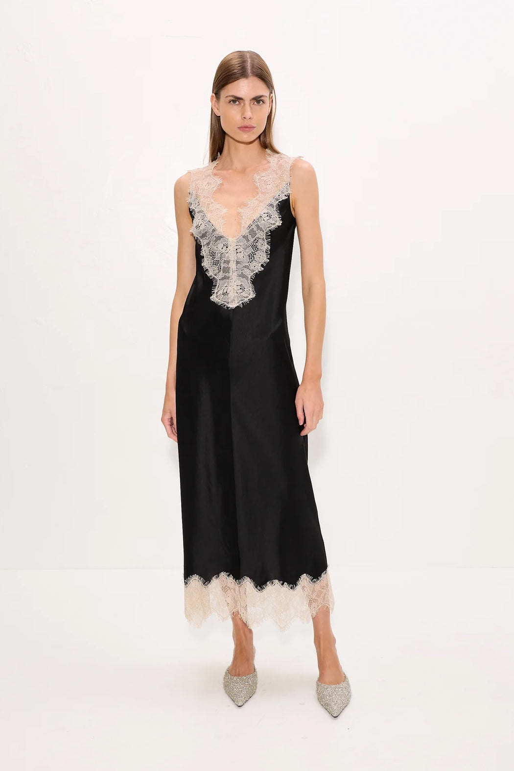 Bea Satin Lace Midi Dress