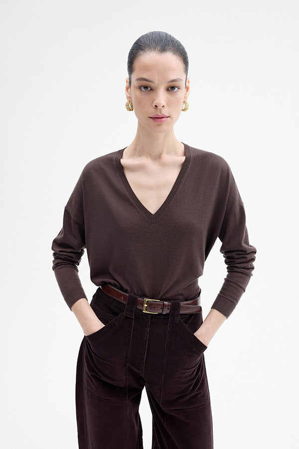 V-Neck Sweater in Fine Cashmere, Choclate