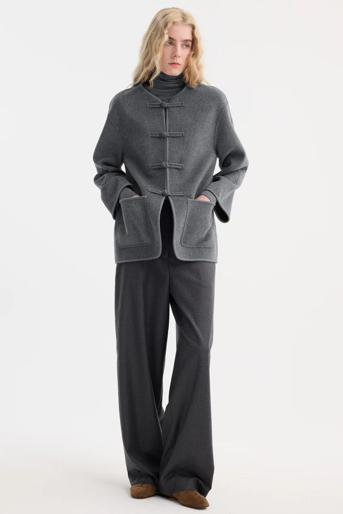 Mandarin Double-Faced Wool Jacket, Mid Grey Melange