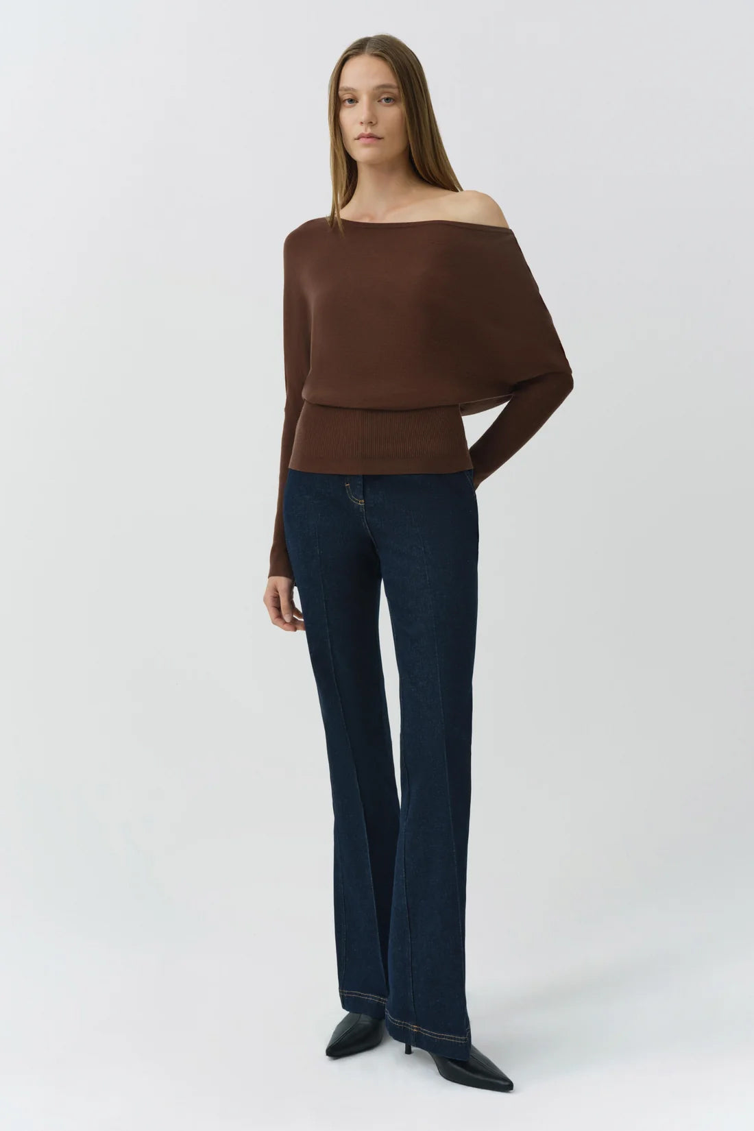 Lavina Draped Off Shoulder Sweater, Chocolate