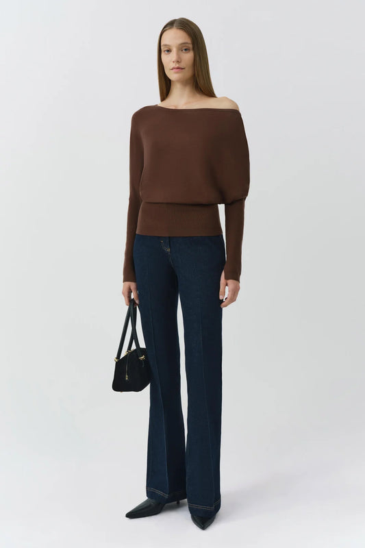 Lavina Draped Off Shoulder Sweater, Chocolate