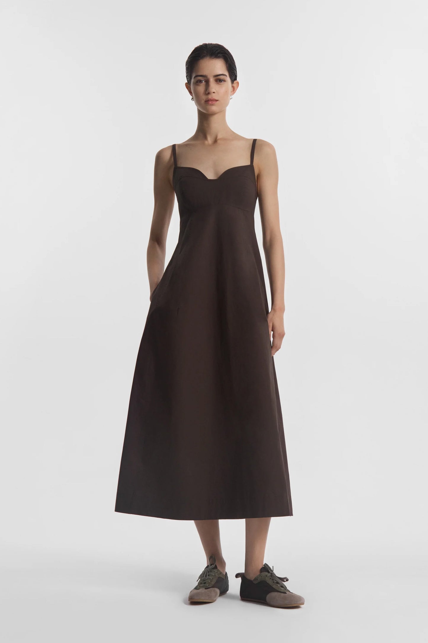 Bustier Midi Dress in Cotton Poplin, Chocolate