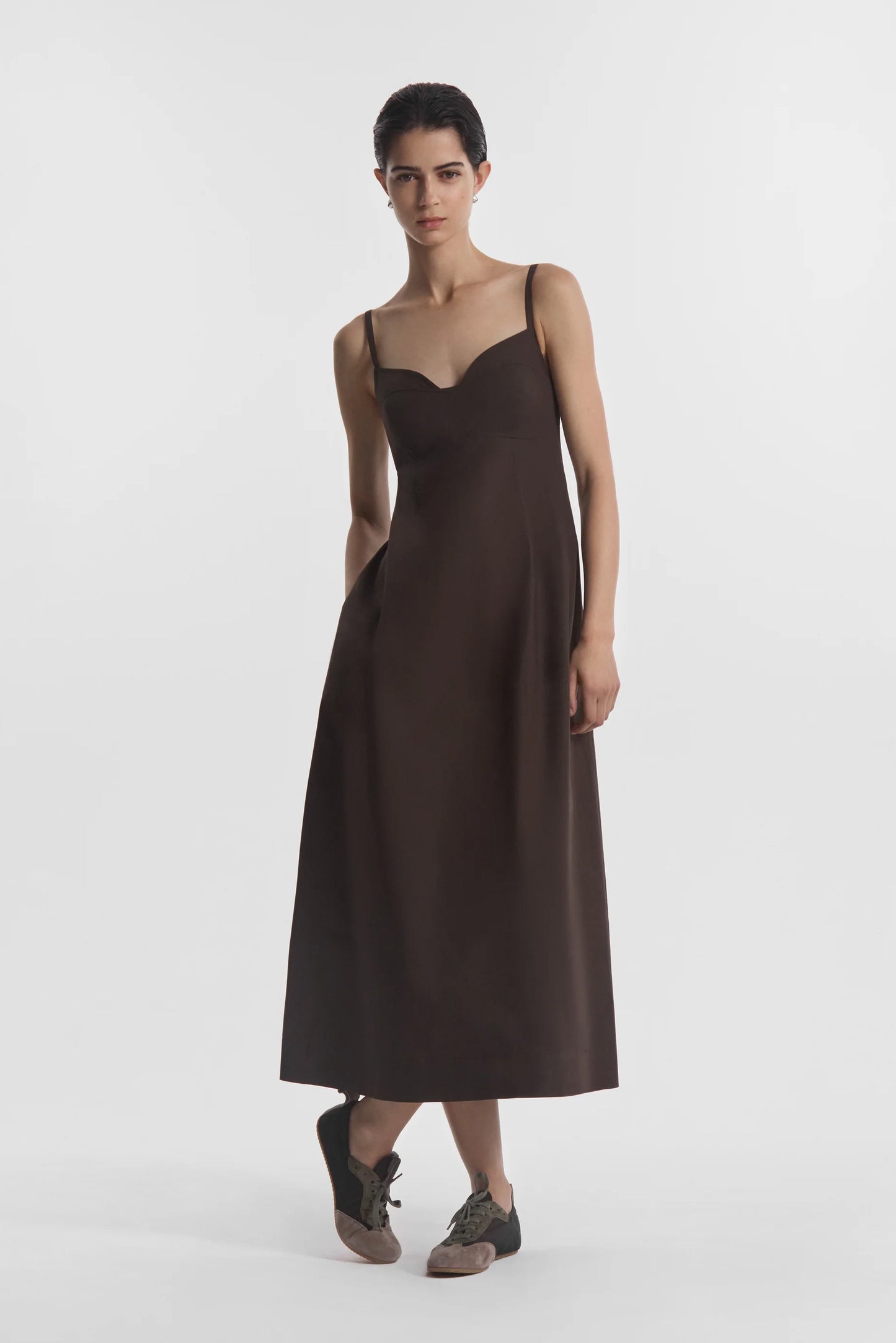 Bustier Midi Dress in Cotton Poplin, Chocolate