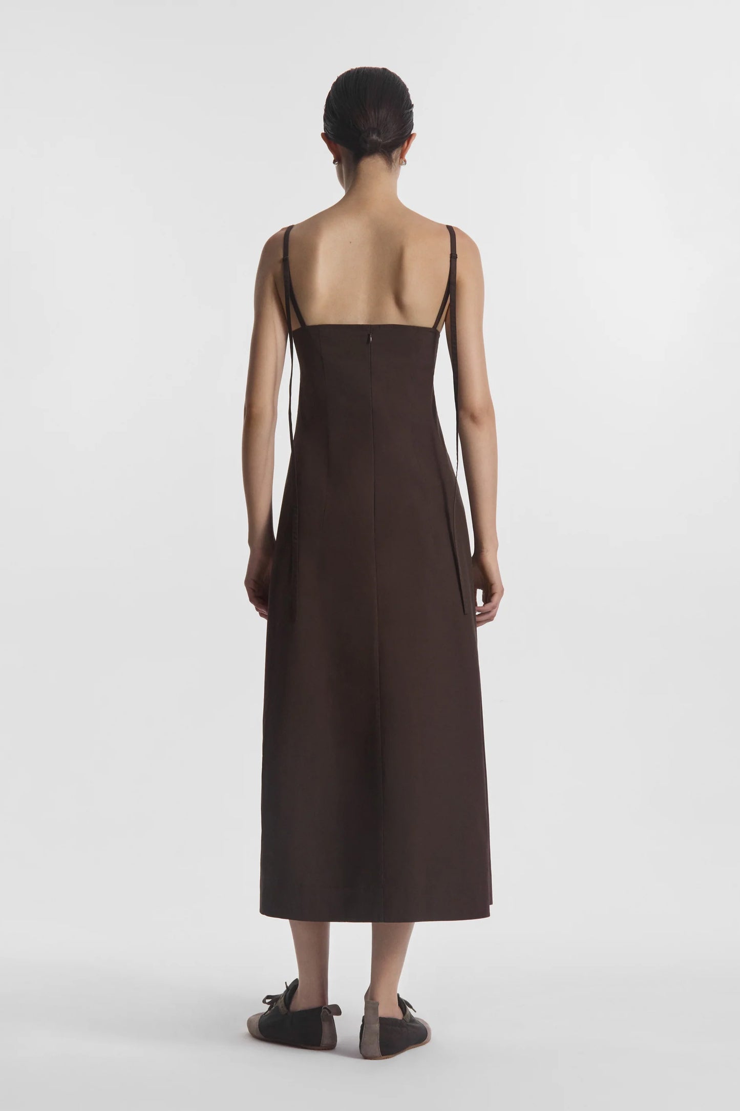 Bustier Midi Dress in Cotton Poplin, Chocolate