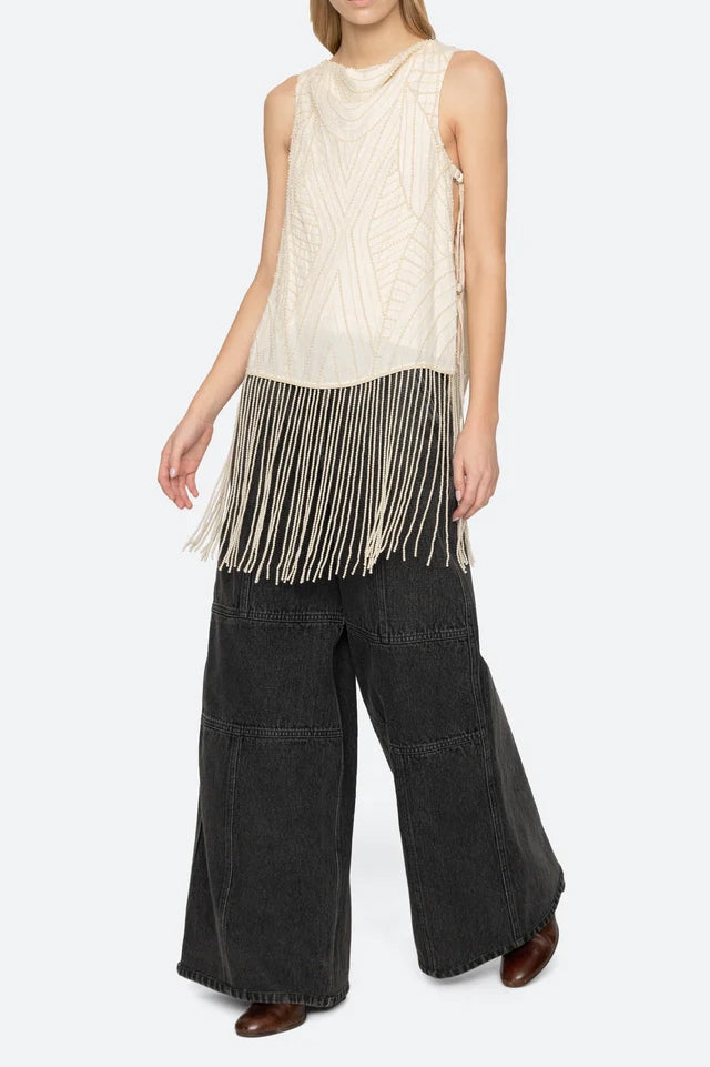 Carlotta Embroidered Sleeveless Fringe Top