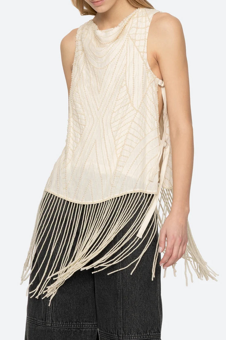 Carlotta Embroidered Sleeveless Fringe Top